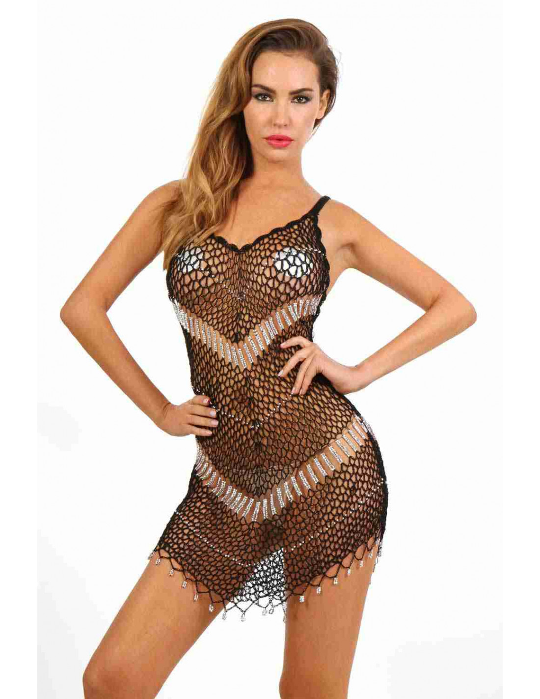 Robe courte Crochet et Perles noir et blanc